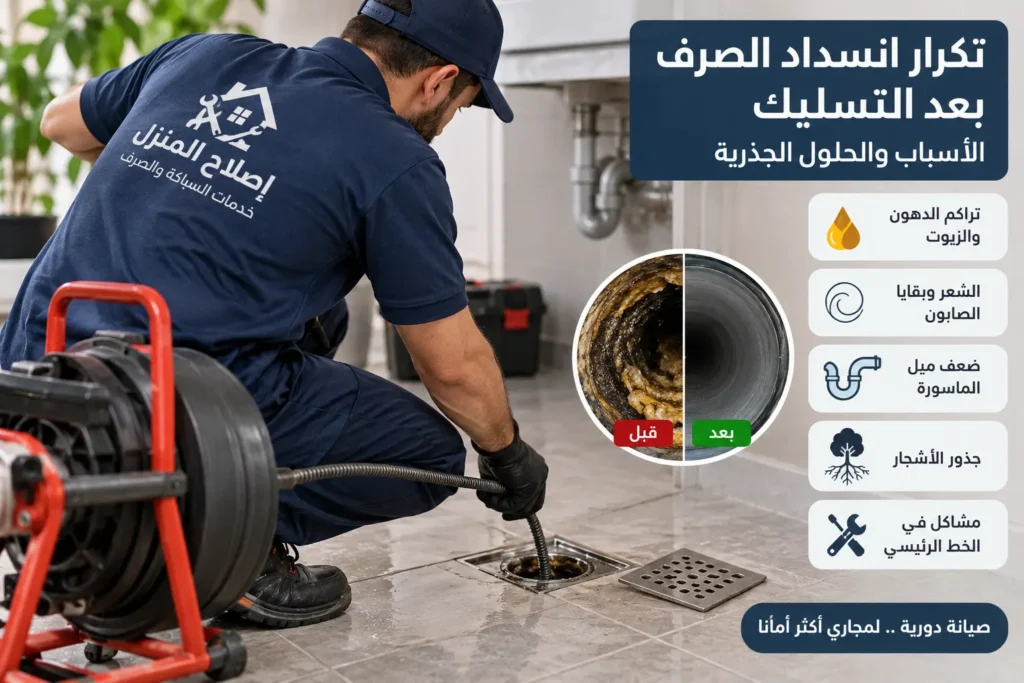 تكرار انسداد الصرف بعد التسليك: الأسباب والحلول الجذرية 2 تكرار انسداد الصرف بعد التسليك